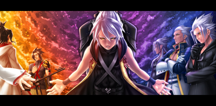 6+boys ansem_seeker_of_darkness back-to-back banana_gyuunyuu black_coat black_hair closed_eyes commentary_request crossed_arms crying dark_skin eraqus gloves keyblade kingdom_hearts kingdom_hearts_3d_dream_drop_distance kingdom_hearts_birth_by_sleep kingdom_hearts_i kingdom_hearts_ii kingdom_hearts_iii long_image male_focus master_eraqus master_xehanort multiple_boys multiple_persona outstretched_arms parted_lips popped_collar spread_arms terra_(kingdom_hearts) white_hair wide_image wristband xehanort xemnas younger