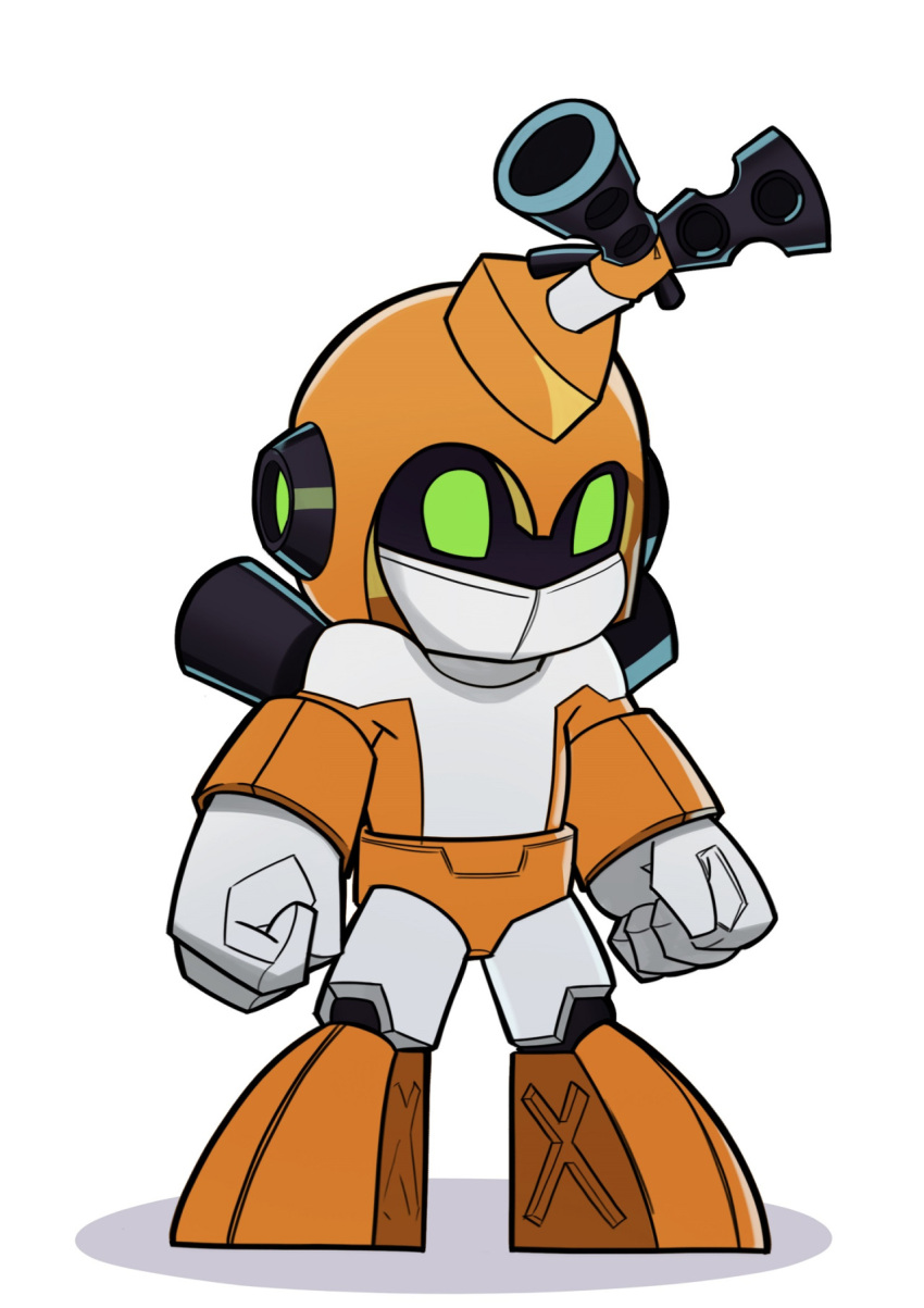 android clenched_hands cosplay full_body green_eyes headgear highres machinery medarot metabee metabee_(cosplay) robot rockman rockman_(character) rockman_(classic) simple_background solo splashbrush standing super_smash_bros. white_background