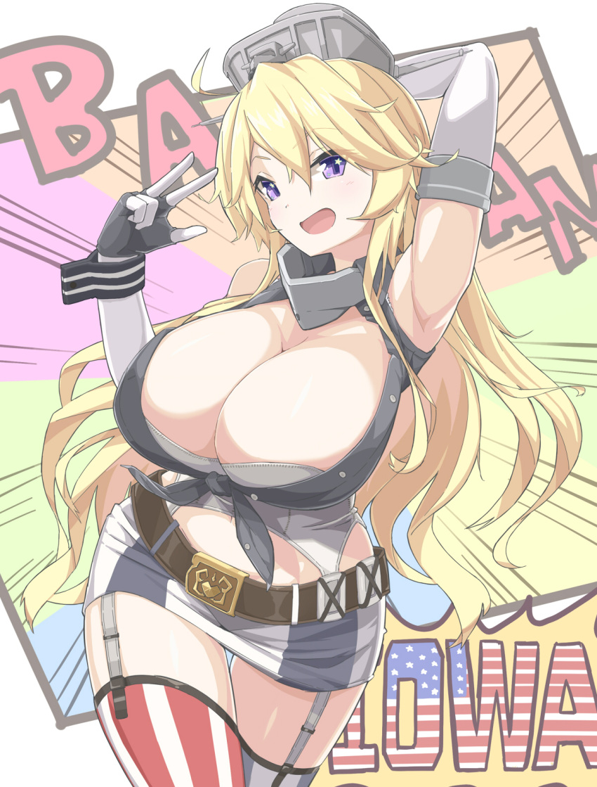 1girl armpits arms_up belt blonde_hair blue_eyes breasts cleavage elbow_gloves fingerless_gloves garter_straps gloves highres iowa_(kantai_collection) kantai_collection large_breasts long_hair solo star star-shaped_pupils striped striped_legwear symbol-shaped_pupils thigh-highs uchiage_cola