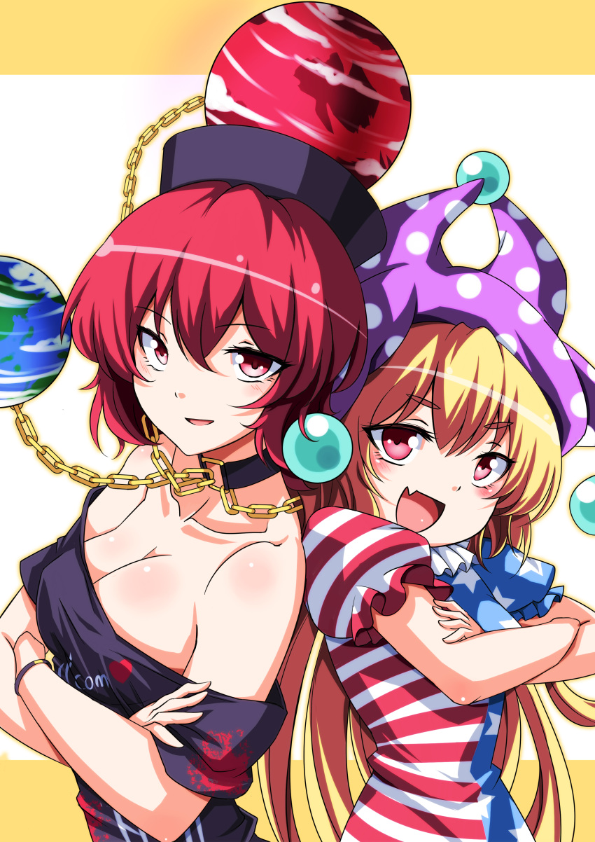 2girls :d absurdres american_flag_shirt bangs bare_shoulders belt blonde_hair blush bracelet breasts chain cleavage clothes_writing clownpiece collar crossed_arms earth eyebrows eyebrows_visible_through_hair eyelashes fangs frills hair_between_eyes hat heart hecatia_lapislazuli highres jester_cap jewelry koissa large_breasts long_hair looking_at_viewer multiple_girls neck_ruff no_wings off_shoulder open_mouth polka_dot polka_dot_hat polos_crown puffy_short_sleeves puffy_sleeves red_eyes redhead short_sleeves side-by-side smile sphere star star_print touhou upper_body