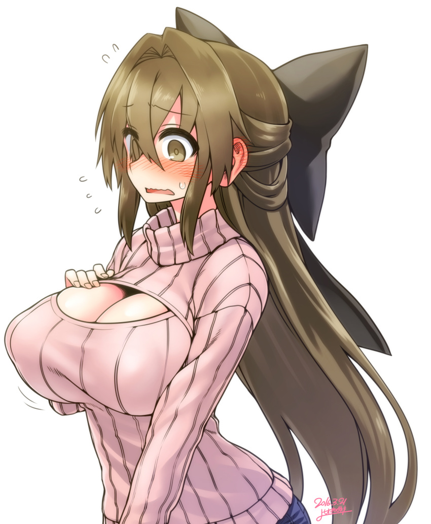 1girl absurdres blush bow breasts brown_eyes brown_hair chankodining_waka cleavage cleavage_cutout commentary_request ear_blush hair_bow highres kanayama_nao large_breasts long_hair long_sleeves open-chest_sweater open_mouth original ribbed_sweater simple_background solo sweater turtleneck white_background