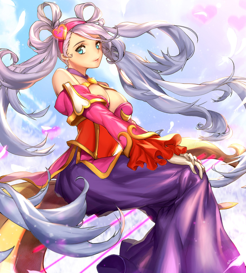 1girl alternate_costume blue_eyes breasts cleavage detached_sleeves dress frilled_sleeves frills gloves hair_ornament hair_rings hairband heart_hair_ornament highres large_breasts league_of_legends long_dress long_hair looking_at_viewer nal_(nal's_pudding) silver_hair sitting solo sona_buvelle sweetheart_sona twintails very_long_hair white_gloves