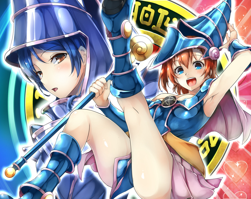 2girls :d armpits black_hair blue_eyes brown_eyes cosplay dark_magician dark_magician_(cosplay) dark_magician_girl dark_magician_girl_(cosplay) hat highres korezyanai kousaka_honoka love_live!_school_idol_project multiple_girls open_mouth orange_hair side_ponytail smile sonoda_umi staff yuu-gi-ou