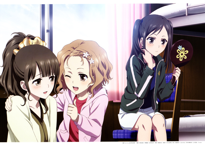 3girls :d ;d absurdres alternate_hairstyle bed black_hair blush brown_eyes bunk_bed eye_contact flower forehead hair_flower hair_ornament hanasaku_iroha hand_on_another's_shoulder highres hood hoodie indoors jacket long_hair looking_at_another looking_at_mirror matsumae_ohana mirror multiple_girls official_art one_eye_closed open_clothes open_hoodie open_jacket open_mouth oshimizu_nako ponytail scan sitting smile suzuki_misaki_(animator) thumbs_up tsurugi_minko twintails wavy_hair white_shorts