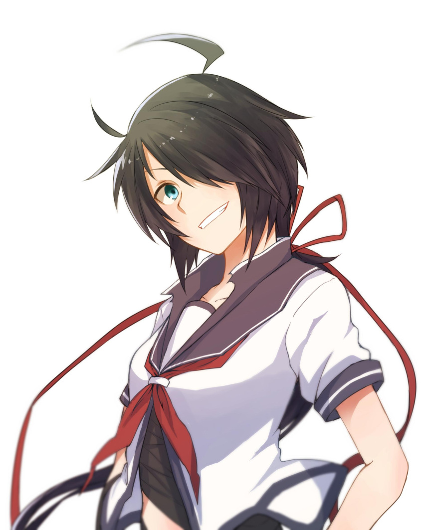 1girl ahoge black_hair commentary_request hair_ornament hair_over_one_eye highres kako_(kantai_collection) kantai_collection looking_at_viewer midriff open_mouth ponytail red_ribbon remodel_(kantai_collection) ribbon school_uniform serafuku short_hair smirk solo tsukamoto_minori