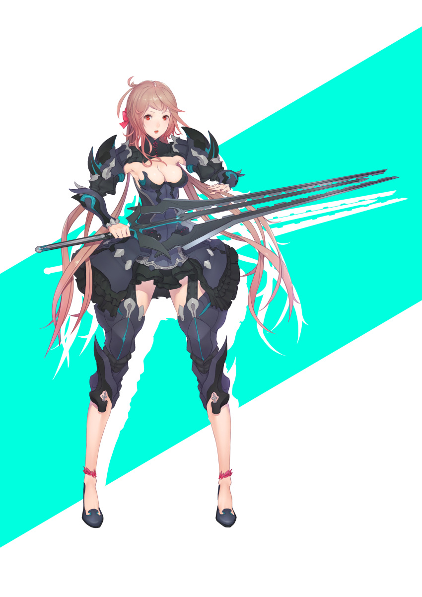 1girl absurdres anklet armor blue_background bow breasts brown_hair cleavage detached_collar frills full_body garter_straps hair_bow highres jewelry long_hair looking_at_viewer low_twintails open_mouth original red_eyes short_hair_with_long_locks slippers solo sonech standing sword twintails very_long_hair weapon white_background