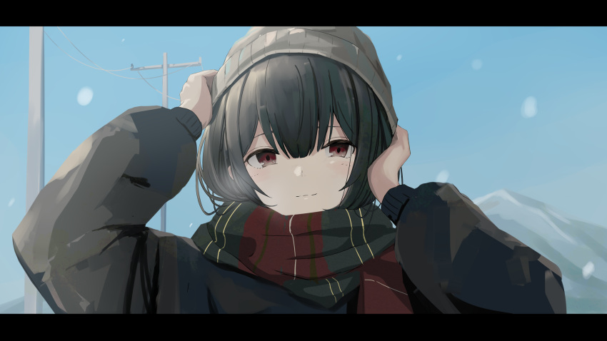 1girl arm_up bangs beanie black_hair black_jacket blue_sky closed_mouth commentary_request day doran_(dorannomai) eyebrows_behind_hair grey_headwear hair_between_eyes hand_on_headwear hat highres idolmaster idolmaster_shiny_colors jacket letterboxed long_sleeves morino_rinze outdoors power_lines puffy_long_sleeves puffy_sleeves red_eyes scarf sky smile solo telephone_pole upper_body