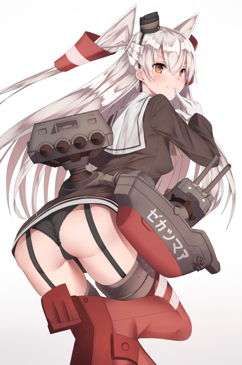 1girl amatsukaze_(kantai_collection) arched_back ass black_panties blush brown_dress brown_eyes dress garter_straps gloves hair_tubes highres inaba_sunimi kantai_collection long_hair long_sleeves looking_back machinery o_o panties red_legwear rensouhou-kun sailor_collar sailor_dress short_dress silver_hair simple_background smile solid_circle_eyes striped striped_legwear thigh-highs torpedo translation_request two_side_up underwear white_background white_gloves windsock
