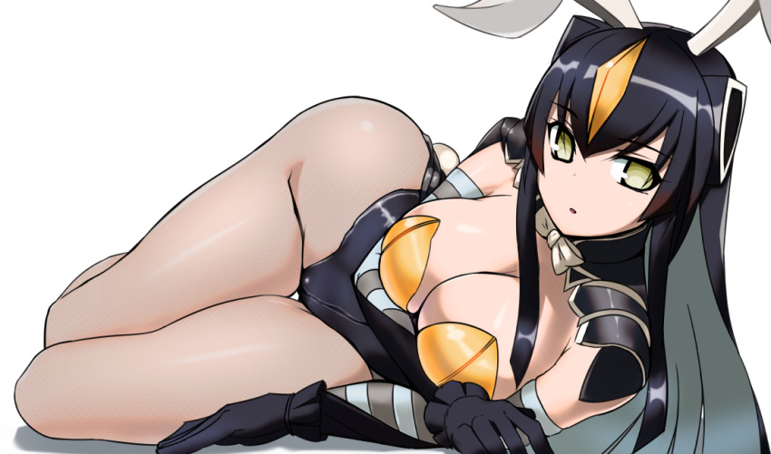 1girl :o aegis_(nerocc) animal_ears bangs black_gloves black_hair breasts bunny_tail cape cleavage frills gloves green_eyes hair_between_eyes leotard long_hair looking_at_viewer multicolored_hair one_side_up pantyhose personification see-through simple_background solo strapless strapless_leotard striped tail thigh_gap ultra_kaijuu_gijinka_keikaku ultra_series white_background zetton