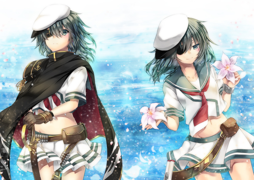 2girls aiguillette bangs belt belt_pouch blue_background blush brown_gloves buckle bullet cape closed_mouth collarbone colored_eyelashes cowboy_shot crop_top dual_persona eyepatch food frown fruit gloves green_eyes green_hair hair_between_eyes hair_ornament hat holding holding_fruit holding_sword holding_weapon kantai_collection kiso_(kantai_collection) leaning_to_the_side looking_at_viewer midriff multiple_girls multiple_views navel petals remodel_(kantai_collection) school_uniform serafuku shirt short_sleeves smile stomach sword weapon white_flower white_shirt wind yuihira_asu