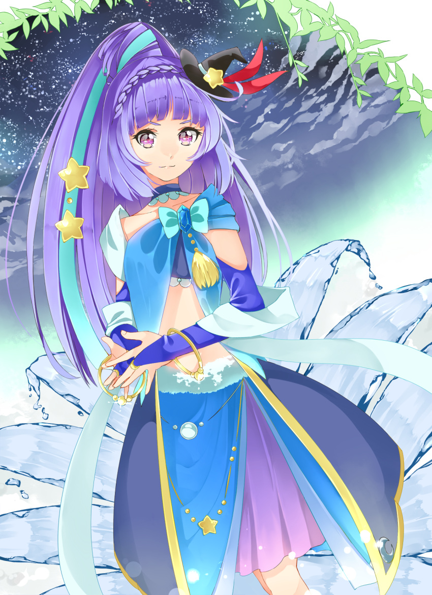 1girl black_hat blue_bow blue_eyes blue_ribbon bow bracelet braid bridal_gauntlets brooch choker cowboy_shot crown_braid cure_magical hair_ribbon hat highres izayoi_liko jewelry long_hair looking_at_viewer magical_girl mahou_girls_precure! midriff mini_hat mini_witch_hat ponytail precure purple_hair ribbon sapphire_(stone) sapphire_style skirt smile solo witch_hat yuutarou_(fukiiincho)