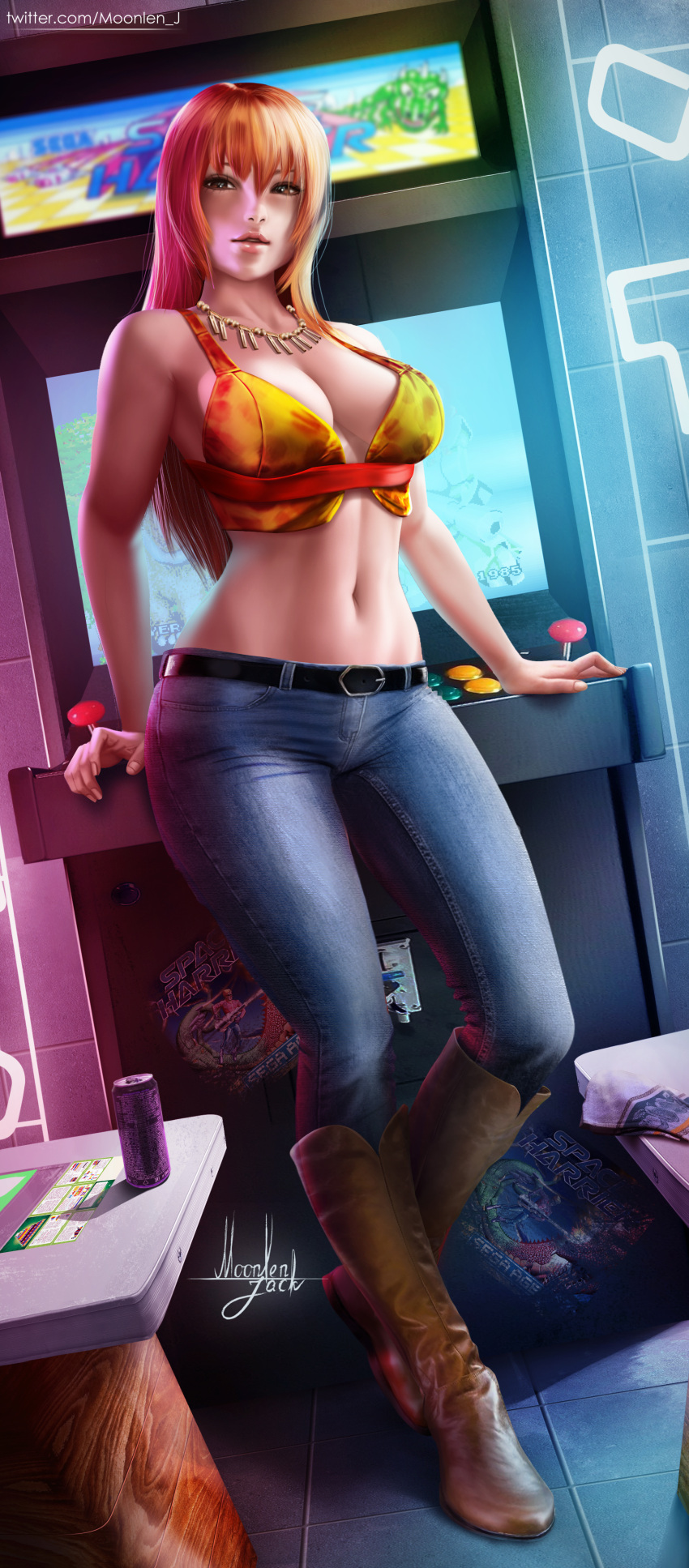 1girl absurdres arcade_cabinet bangs belt boots brown_eyes denim full_body game_console highres jeans jewelry joy_(shenmue) leaning_back looking_at_viewer moonlen-jack navel necklace orange_hair pants parted_lips sega sega_dreamcast shenmue shenmue_ii stomach