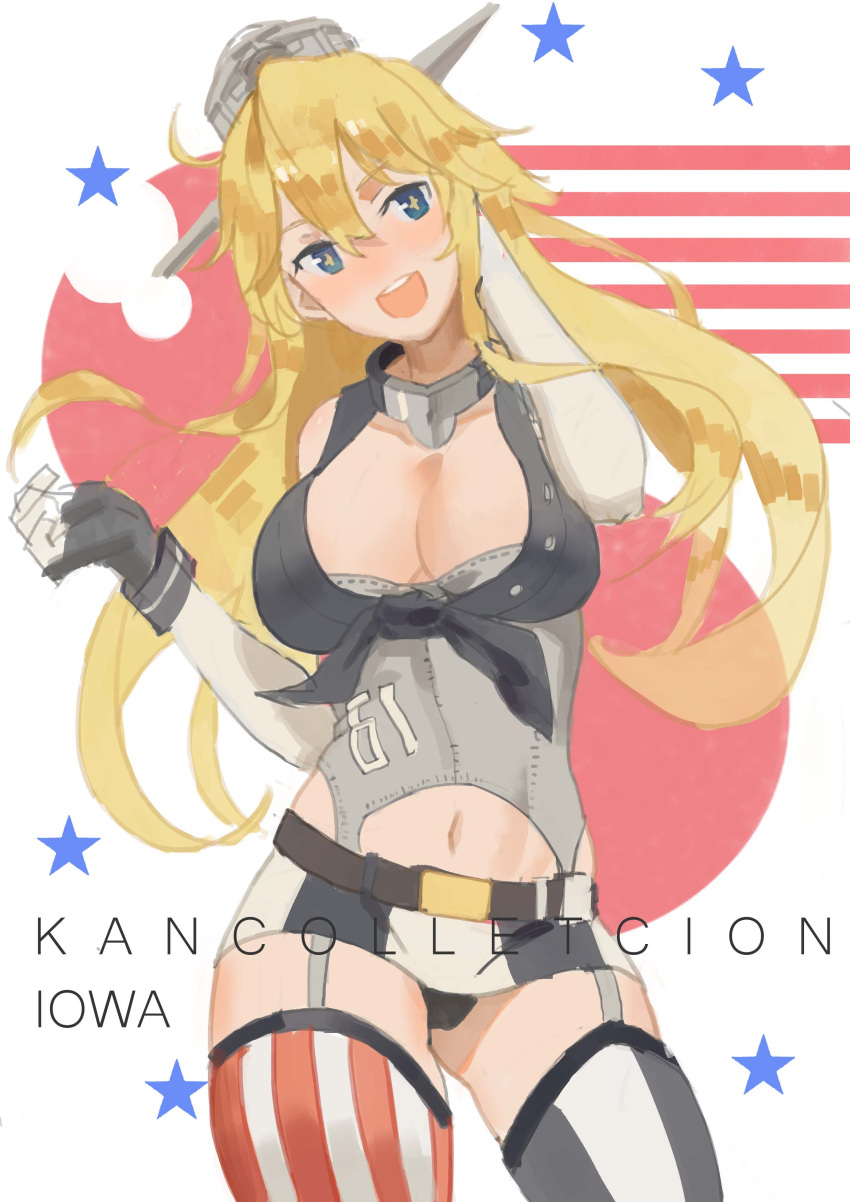+_+ 1girl :d absurdres american_flag_legwear belt black_panties blonde_hair blue_eyes breasts character_name cleavage copyright_name gloves headgear highres ikz97 iowa_(kantai_collection) kantai_collection large_breasts long_hair looking_at_viewer microskirt midriff navel open_mouth panties skirt smile solo symbol-shaped_pupils teeth thigh-highs underwear