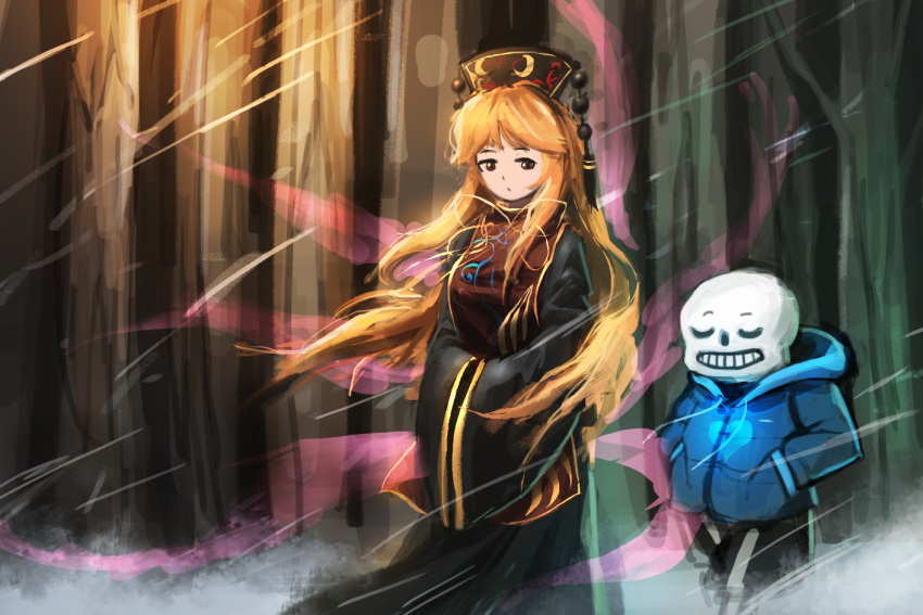1boy 1girl black_dress black_shorts blonde_hair blue_jacket chinese_clothes closed_eyes crossover dress energy expressionless forest fox_tail glowing grin hands_together hat heart hijiwryyyyy hood hooded_jacket jacket junko_(touhou) long_hair long_sleeves multiple_tails nature red_eyes ribbon sans shorts skeleton smile snowing tabard tail touhou undertale very_long_hair walking wide_sleeves wind