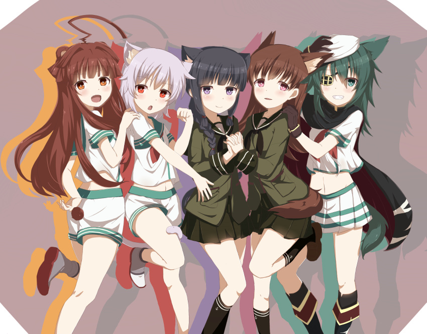 5girls absurdres ahoge akbskenmb48-40 animal_ears bangs bear_ears bear_tail black_hair blunt_bangs blush braid brown_eyes brown_hair cape cat_ears cat_tail commentary_request dog_ears dog_tail eyepatch fang fang_out gloves green_eyes green_hair grin hand_on_another's_shoulder hand_on_headwear hat highres holding_hands interlocked_fingers kantai_collection kemonomimi_mode kiso_(kantai_collection) kitakami_(kantai_collection) kneehighs kuma_(kantai_collection) long_hair multiple_girls navel neckerchief ooi_(kantai_collection) open_mouth pink_hair red_eyes remodel_(kantai_collection) school_uniform serafuku shirt short_hair short_sleeves shorts skirt smile tail tama_(kantai_collection) violet_eyes