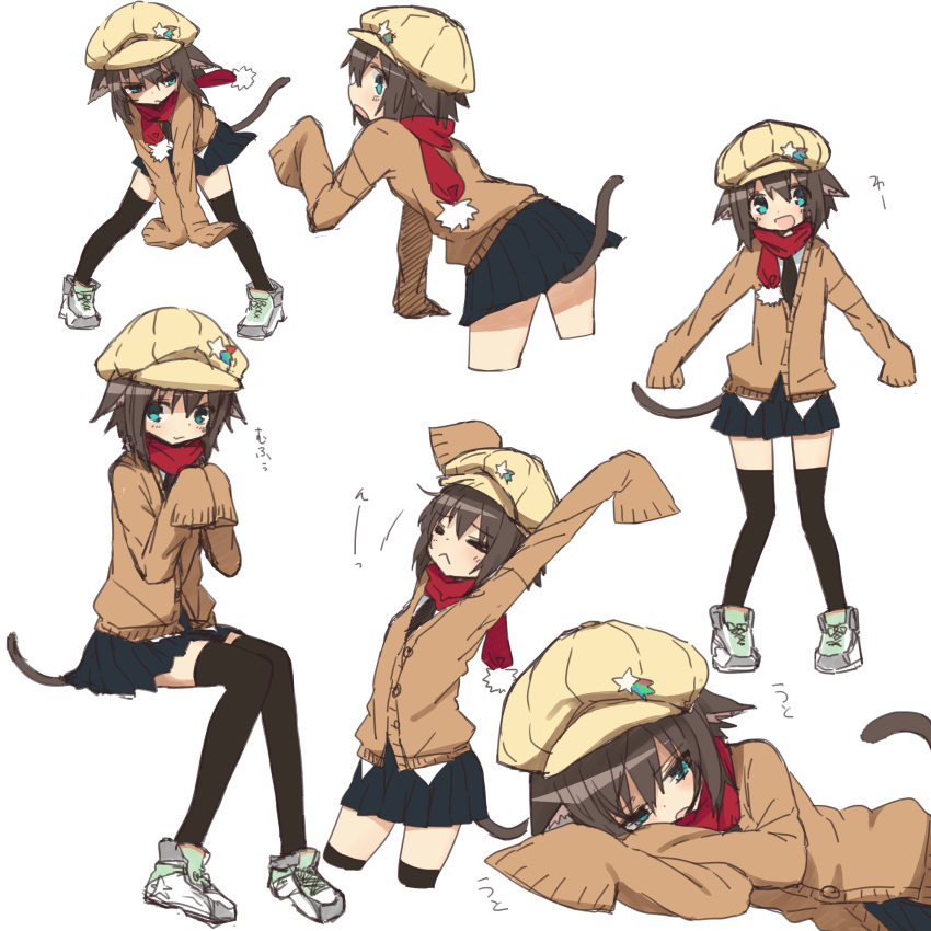 1girl absurdres animal_ears arms_up bent_over black_legwear blue_eyes blush brown_hair cabbie_hat cardigan cat_ears cat_tail cropped_legs full_body hat highres long_sleeves looking_at_viewer lying multiple_views on_side open_mouth original pigeon-toed pom_pom_(clothes) red_scarf scarf school_uniform shoes short_hair simple_background sitting skirt sleeves_past_wrists sneakers solo spread_legs standing tadashi_(tadashi1013) tail thigh-highs white_background zettai_ryouiki