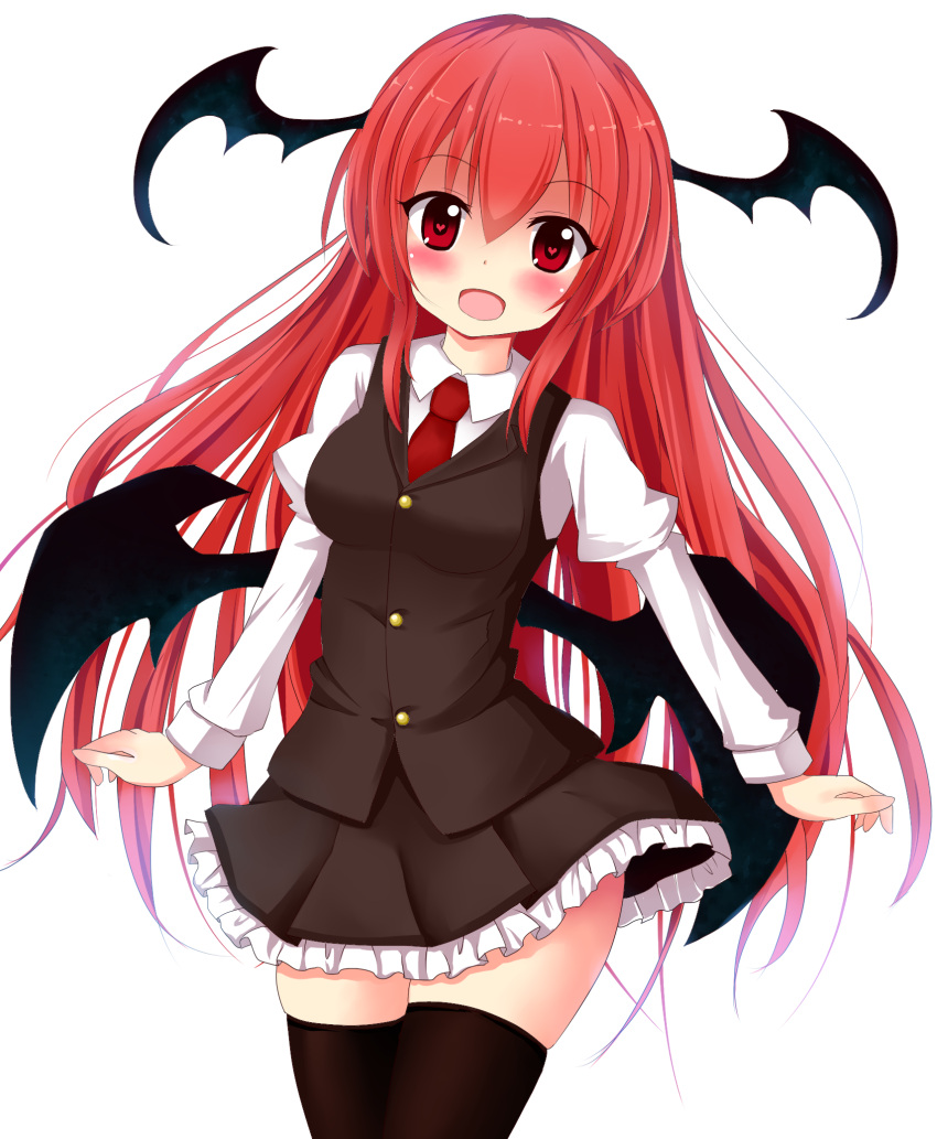 1girl :d akakabu_(obsidian910) bat_wings black_legwear blush head_wings heart heart-shaped_pupils highres koakuma long_hair long_sleeves looking_at_viewer low_wings necktie open_mouth puffy_sleeves red_eyes redhead shirt simple_background skirt skirt_set smile solo symbol-shaped_pupils thigh-highs touhou vest white_background wings zettai_ryouiki