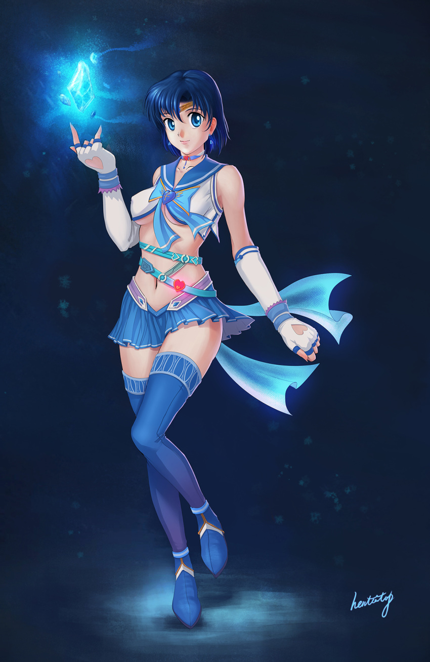 1girl \m/ alternate_costume belt bishoujo_senshi_sailor_moon blue blue_background blue_boots blue_bow blue_eyes blue_hair blue_skirt boots bow breasts brooch choker crop_top earrings elbow_gloves fingerless_gloves full_body gloves hentaitop highres ice jewelry looking_at_viewer magical_girl mercury_symbol midriff miniskirt mizuno_ami navel sailor_collar sailor_mercury short_hair signature skirt smile solo standing thigh-highs thigh_boots tiara under_boob white_gloves