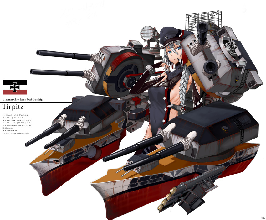 1girl aiming_at_viewer blue_eyes bracer braid breasts cannon character_name commentary elbow_gloves flag german_empire_naval_jack gloves gun hat highres kantai_collection long_hair machinery mecha_musume military original personification radar ribs rust searchlight sideboob silver_hair single_braid solo ssamjang_(misosan) tirpitz torpedo turret weapon world_war_ii