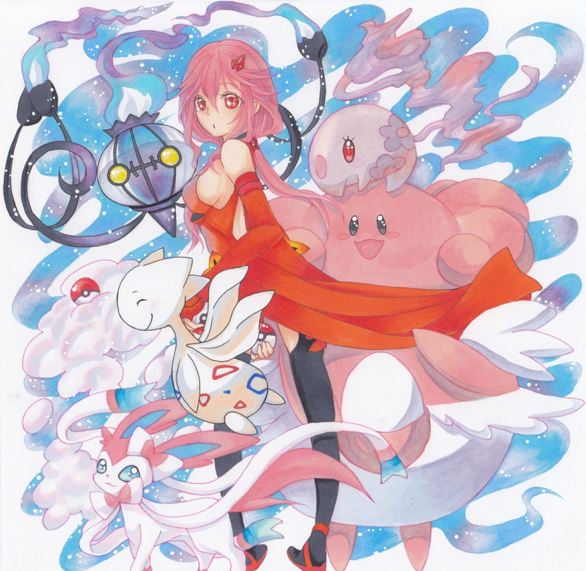 1girl bare_shoulders black_legwear blissey breasts center_opening chandelure commentary_request detached_sleeves elbow_gloves fingerless_gloves gloves guilty_crown hair_ornament hairclip looking_at_viewer marker_(medium) munna pink_hair poke_ball pokemon pokemon_(creature) red_eyes sarina_(tosiyukiryousuke) solo sylveon togetic traditional_media twintails yuzuriha_inori