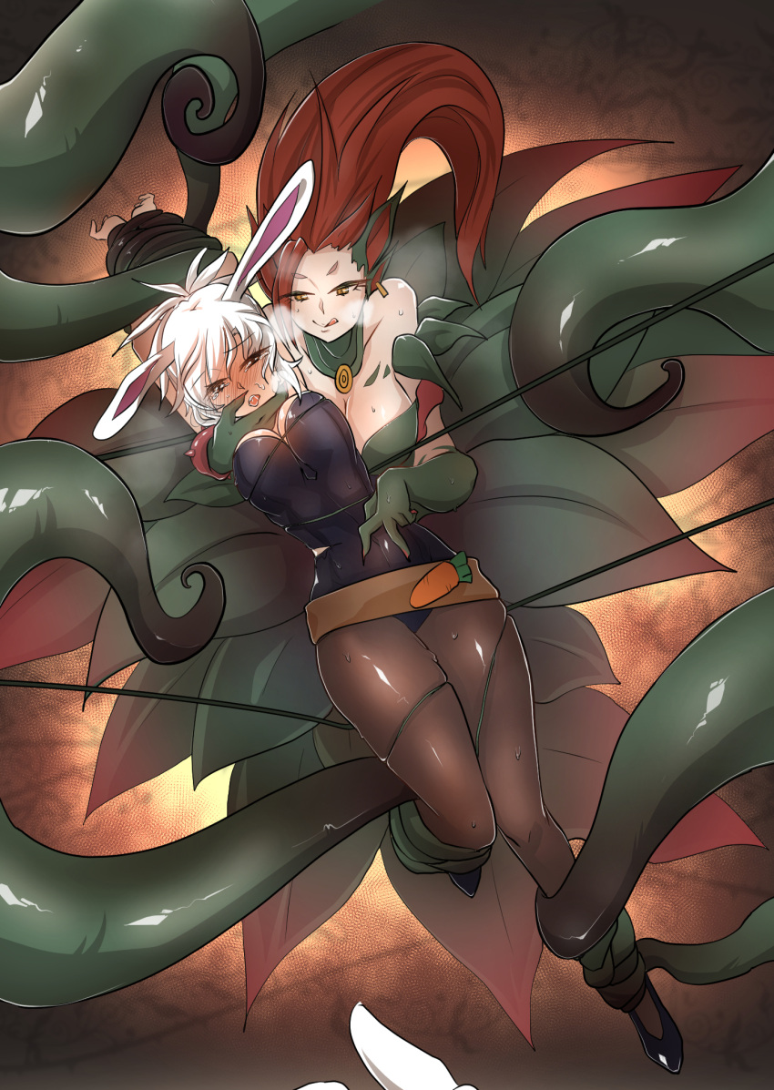 2girls animal_ears ankle_grab bdsm blush bondage bound bound_arms bracelet breasts brown_eyes bunnysuit chin_grab choker claws cleavage earrings highres jewelry large_breasts league_of_legends licking_lips messy_hair moonjunk multiple_girls navel plant pointy_ears ponytail rabbit_ears redhead riven_(league_of_legends) saliva short_eyebrows short_hair skindentation spiked_bracelet spikes sweat tears tentacles tongue tongue_out torn_clothes vines white_hair yellow_eyes yuri zyra