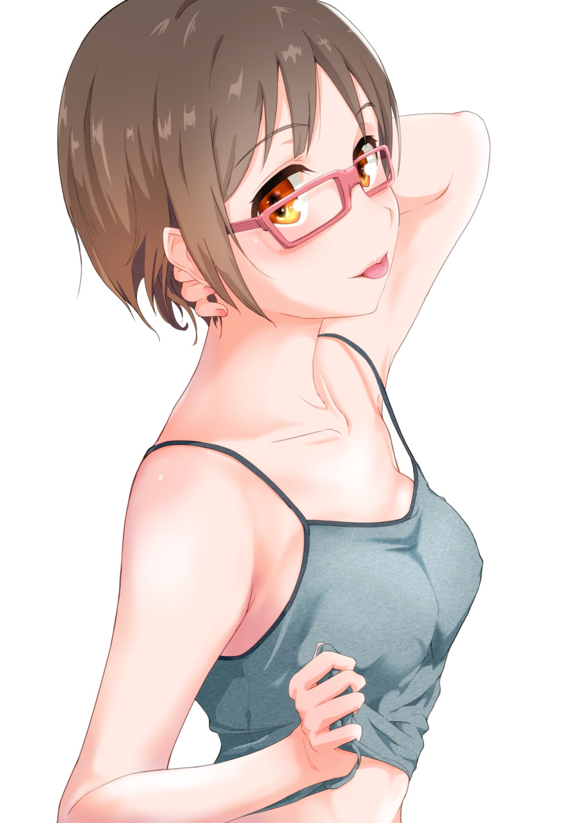 1girl :p brown_hair camisole covered_nipples hand_behind_head highres looking_at_viewer orange_eyes original pink-framed_glasses shirt_lift short_hair solo solvalou strap_gap tongue tongue_out upper_body white_background