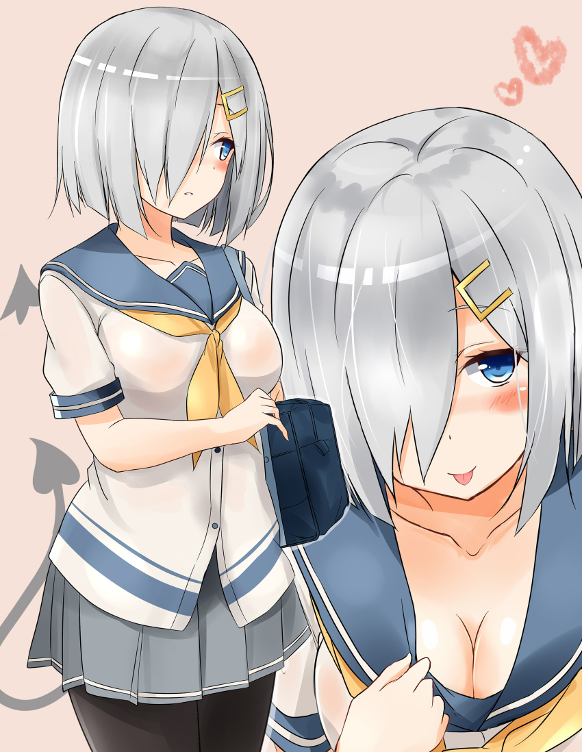 1girl :p absurdres black_legwear blue_eyes blush breasts buttons cleavage demon_tail demon_wings grey_skirt hair_ornament hair_over_one_eye hairclip hamakaze_(kantai_collection) heart highres kantai_collection large_breasts looking_away mini_wings multiple_views neckerchief no_gloves pleated_skirt saku_(kudrove) school_uniform serafuku short_hair silver_hair simple_background skirt tail tongue tongue_out wings