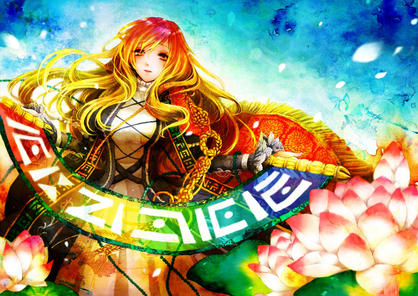 1girl blue_background breasts brown_hair gradient_hair highres hijiri_byakuren kido5899 large_breasts light_smile long_hair long_sleeves looking_at_viewer multicolored_hair open_mouth petals purple_hair solo sorcerer's_sutra_scroll touhou two-tone_hair upper_body yellow_eyes