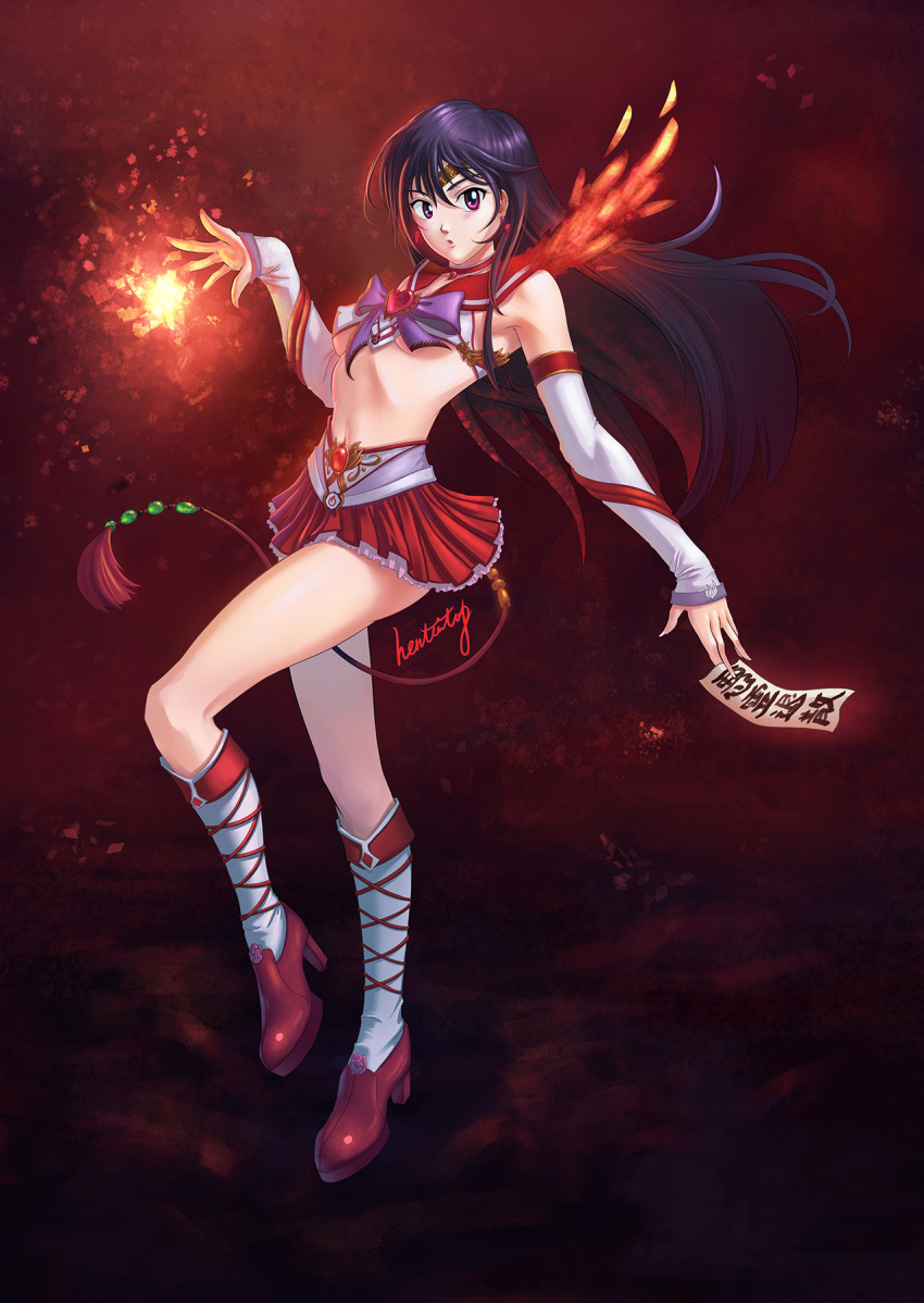 1girl alternate_costume arm_warmers bishoujo_senshi_sailor_moon black_hair bow breasts brooch crop_top full_body hentaitop highres hino_rei jewelry kneehighs long_hair looking_at_viewer magical_girl midriff miniskirt ofuda purple_bow red_shoes red_skirt sailor_collar sailor_mars shoes signature skirt solo standing under_boob violet_eyes white_legwear