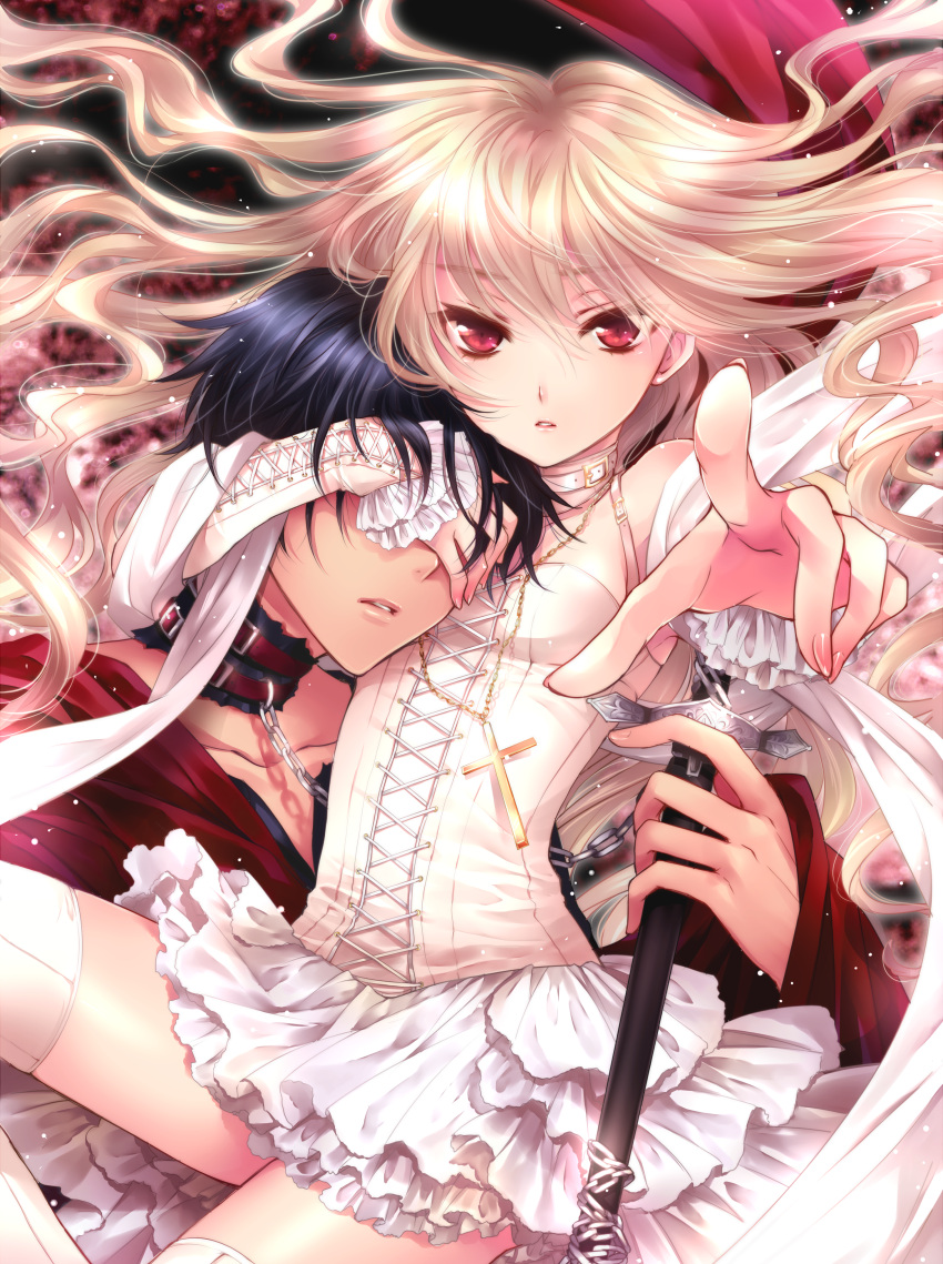 1boy 1girl absurdres blue_hair chain choker covering_another's_eyes covering_eyes cross cross_necklace dress highres huge_filesize long_hair looking_at_viewer mizunomoto open_mouth original pointing pointing_at_viewer scarf short_hair sword thigh-highs weapon white_dress white_legwear white_scarf