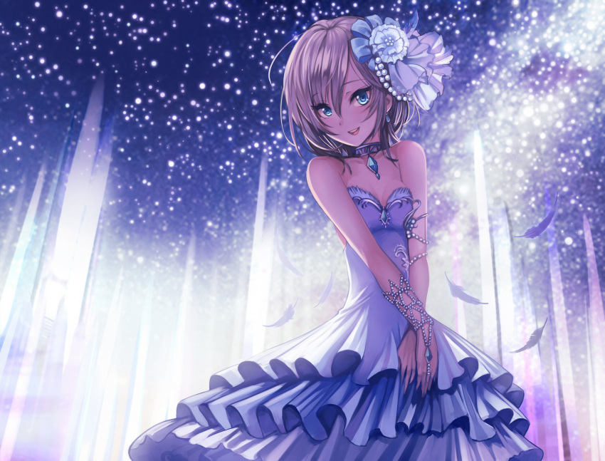 1girl :d anastasia_(idolmaster) bangs bare_shoulders beads blue_eyes cowboy_shot crystal dress earrings eyebrows eyebrows_visible_through_hair feathers flower frills gem hair_beads hair_between_eyes hair_flower hair_ornament highres idolmaster idolmaster_cinderella_girls jewelry looking_at_viewer necklace open_mouth short_hair silver_hair smile snowing solo strapless strapless_dress tahnya v_arms