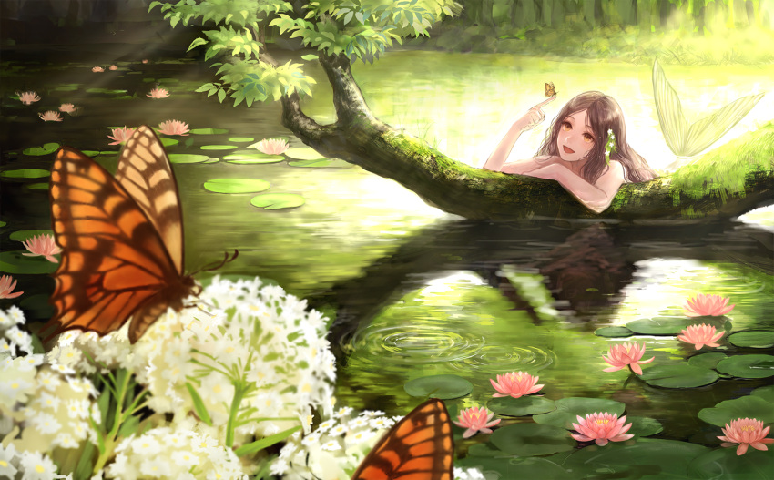 1girl :d branch brown_hair butterfly flower highres in_water lily_pad long_hair mermaid monarch_butterfly monster_girl open_mouth original reflection romiy smile solo yellow_eyes