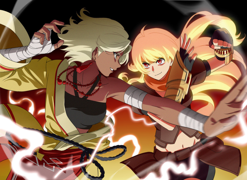 2girls ahoge arslan_altan bandaged_arm bandaged_hands bare_shoulders battle bead_necklace belt_pouch black_gloves blonde_hair clenched_hand closed_mouth collarbone cowboy_shot dark_skin earrings electricity eye_contact fingerless_gloves floating_hair gloves gradient gradient_background halterneck handwraps highres jacket japanese_clothes jewelry kurohane long_hair long_sleeves looking_at_another motion_blur multiple_girls navel off_shoulder orange_scarf outstretched_arm overskirt profile puffy_short_sleeves puffy_sleeves red_eyes rwby sash scarf short_hair short_sleeves shorts silver_hair smile smirk stomach tassel vambraces visible_air wide_sleeves yang_xiao_long yellow_eyes