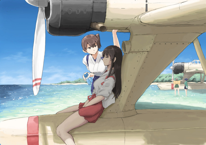 4girls a6m_zero akagi_(kantai_collection) beach blue_skirt bottle brown_eyes brown_hair dress green_dress hakama_skirt hiryuu_(kantai_collection) japanese_clothes kaga_(kantai_collection) kantai_collection long_hair multiple_girls nontraditional_miko ocean orange_dress red_skirt seaplane side_ponytail skirt sleeping smile souryuu_(kantai_collection) straight_hair twintails vent_arbre water_bottle