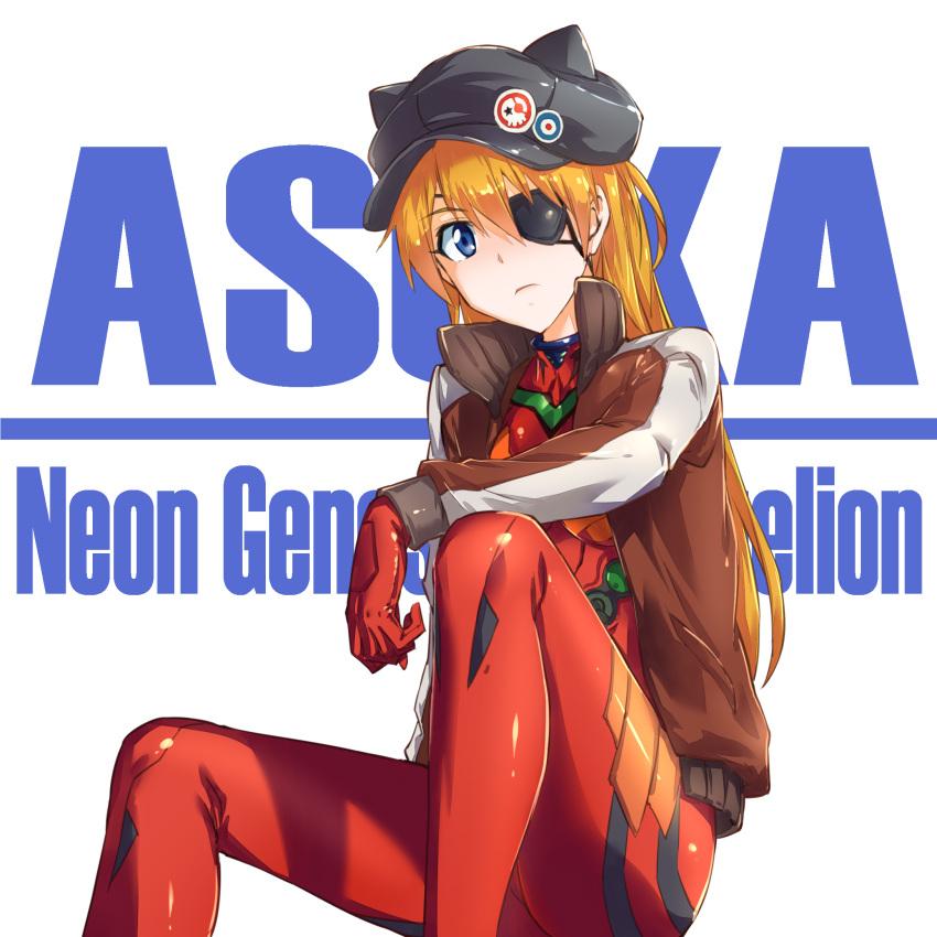 1girl animal_ears animal_hat badge bangs black_hat blue_eyes bodysuit button_badge cabbie_hat cat_hat character_name closed_mouth copyright_name duct_tape evangelion:_3.0_you_can_(not)_redo eyebrows eyebrows_visible_through_hair eyepatch fake_animal_ears fish.boy frown gloves hair_between_eyes hat hat_ornament highres jacket knee_up long_hair long_sleeves looking_at_viewer looking_down neon_genesis_evangelion open_clothes open_jacket orange_hair parted_bangs pilot_suit plugsuit rebuild_of_evangelion shikinami_asuka_langley single_vertical_stripe sitting small_breasts solo souryuu_asuka_langley track_jacket turtleneck white_background