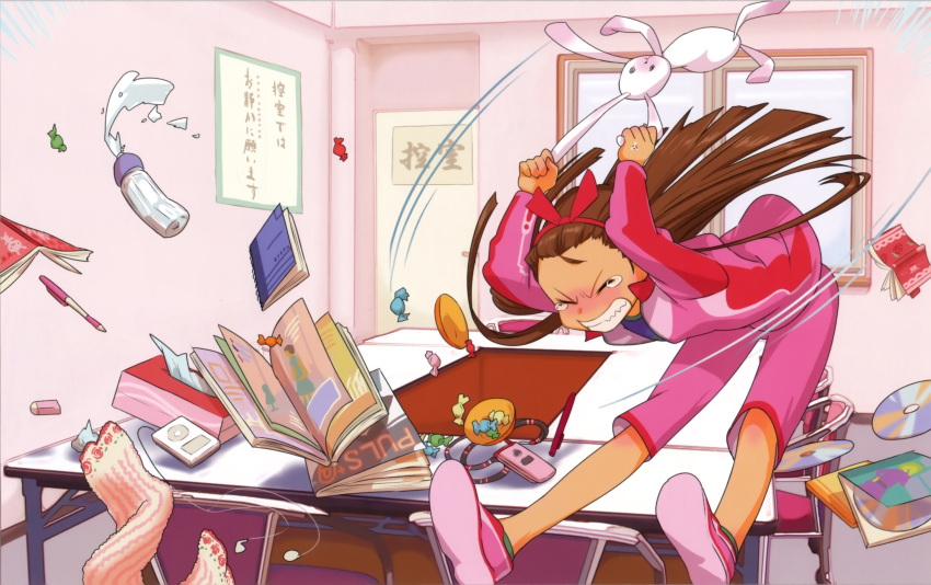 1girl absurdres annindoufu_(oicon) book bottle brown_hair cd cd_case chair charles_donatello_the_18th closed_eyes digital_media_player earphones earphones hairband highres idolmaster jumping long_hair magazine minase_iori motion_lines notebook official_art phone pink_legwear pink_shoes shoes solo stuffed_animal stuffed_bunny stuffed_toy sweets table tears tissue tissue_box towel translation_request window