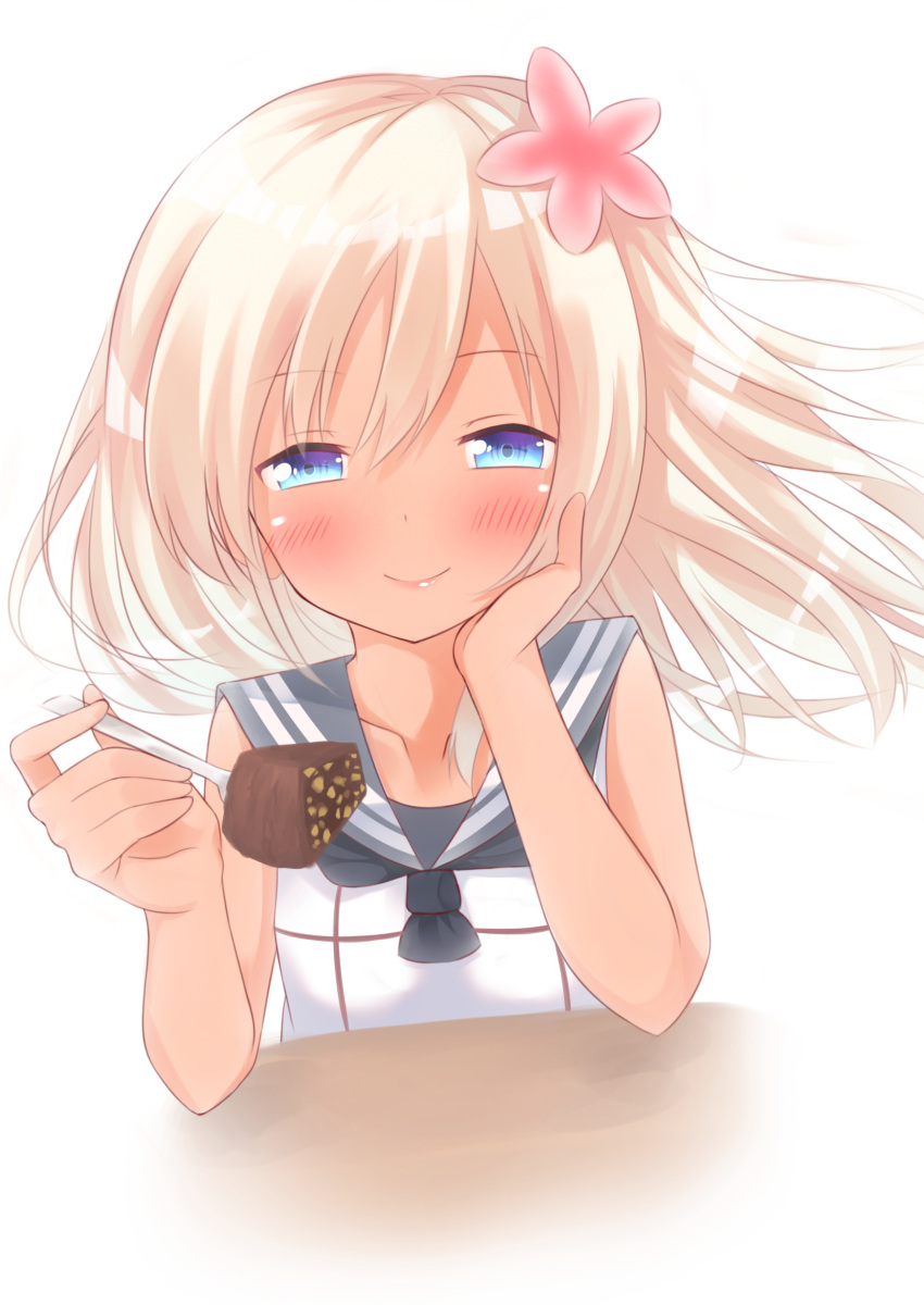 1girl absurdres blue_eyes blush cake commentary_request crop_top feeding flower food fork go-1 hair_flower hair_ornament hand_on_own_cheek highres kantai_collection long_hair looking_at_viewer pov pov_feeding ro-500_(kantai_collection) sailor_collar smile solo tan