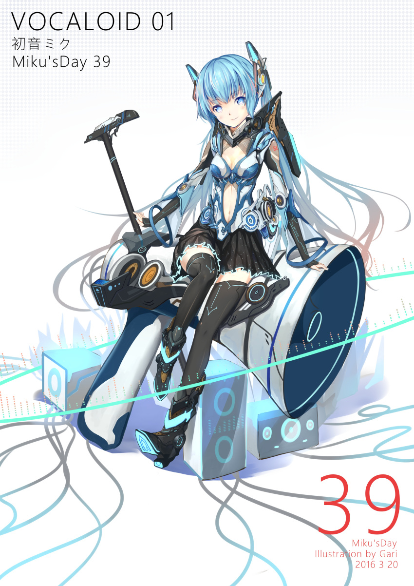 1girl 39 2016 absurdres blue_eyes blue_hair bridal_gauntlets character_name copyright_name dated hatsune_miku highres huali long_hair megaphone nail_polish navel revision see-through skirt smile solo speaker thigh-highs twintails very_long_hair vocaloid