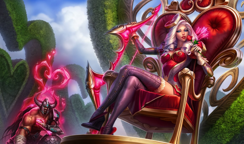 1boy 1girl alternate_costume alternate_hairstyle arm_strap armor arrow arrow_through_heart ashe_(league_of_legends) blue_eyes boots bow_(weapon) breasts cleavage crossed_legs drill_hair flower gloves hair_ornament heart_hair_ornament heartseeker_ashe helmet high_heel_boots high_heels horned_helmet kneeling league_of_legends lipstick long_hair makeup official_art puffy_sleeves red_lipstick red_rose rose silver_hair sitting thigh-highs thigh_boots throne tryndamere weapon