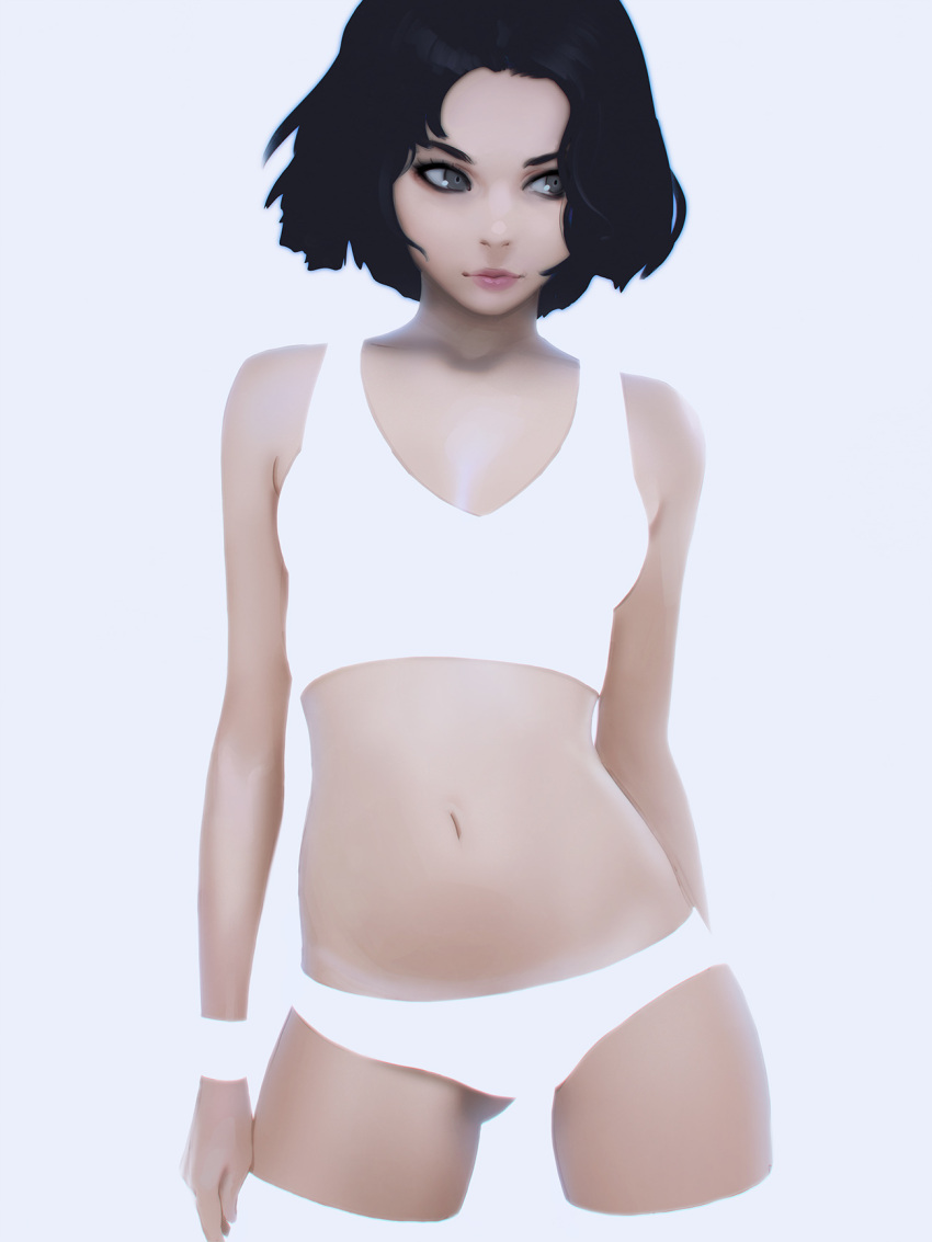 1girl arms_at_sides ass_visible_through_thighs bare_shoulders black_hair bra chromatic_aberration closed_mouth collarbone contrapposto cropped_legs grey_eyes highres ilya_kuvshinov lavender_background light_smile lips looking_to_the_side midriff navel original overexposure panties realistic short_hair simple_background solo sports_bra standing stomach sweatband underwear underwear_only white_bra white_panties