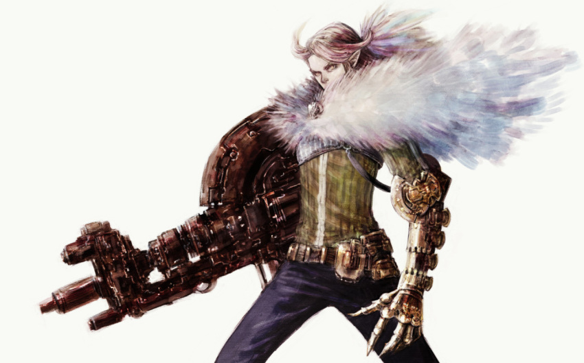 1boy ahoge arm_cannon belt blue_pants brown_hair buckle cowboy_shot denim fur_collar fur_trim huge_weapon jeans long_sleeves looking_at_viewer male_focus matagiro mechanical_arm original pants pointy_ears solo standing weapon white_background