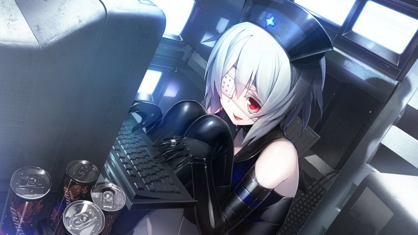 1girl bare_shoulders black_gloves black_legwear computer con_su drooling elbow_gloves energy_drink eyepatch game_cg gloves headdress jewelry monitor oosaki_shin'ya open_mouth red_eyes ring short_hair silver_hair sitting smile solo thigh-highs tokyo_necro typing