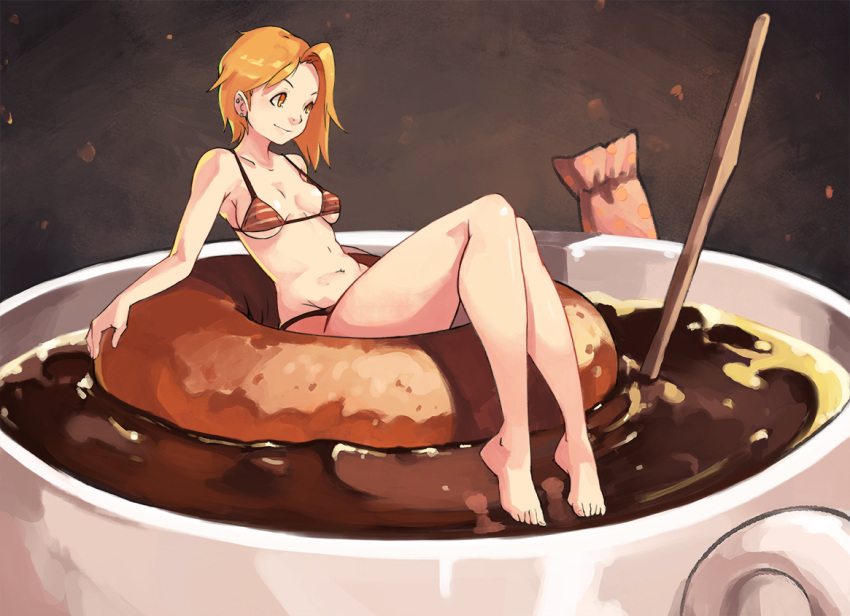 1girl afloat asymmetrical_hair barefoot blonde_hair breasts coffee commentary cup doughnut ear_piercing food full_body groin in_container in_cup light_smile minigirl navel orange_eyes original piercing short_hair smile solo strap_gap toes under_boob vins-mousseux