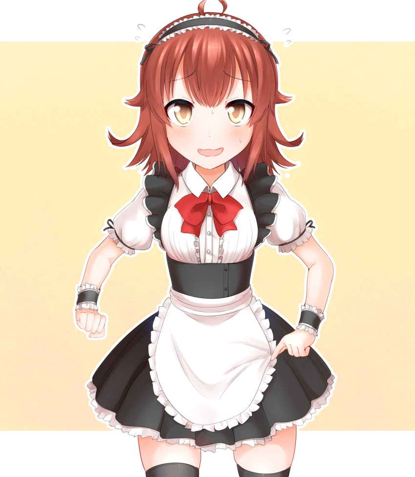 1girl arashi_(kantai_collection) brown_eyes faubynet highres kantai_collection long_hair maid maid_headdress md5_mismatch open_mouth redhead skirt smile solo thigh-highs zettai_ryouiki