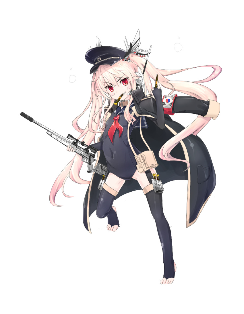 1girl blush blush_stickers covered_navel euaksae_(ughbird) full_body gun hat highres holding holding_gun holding_weapon kantai_collection long_hair looking_at_viewer mecha_musume military_hat military_jacket necktie original peaked_cap personification pink_hair red_eyes red_necktie rifle roks_chang_bogo_(ss-061) school_swimsuit simple_background sniper_rifle solo standing submarine swimsuit thigh-highs twintails underwear very_long_hair weapon white_background