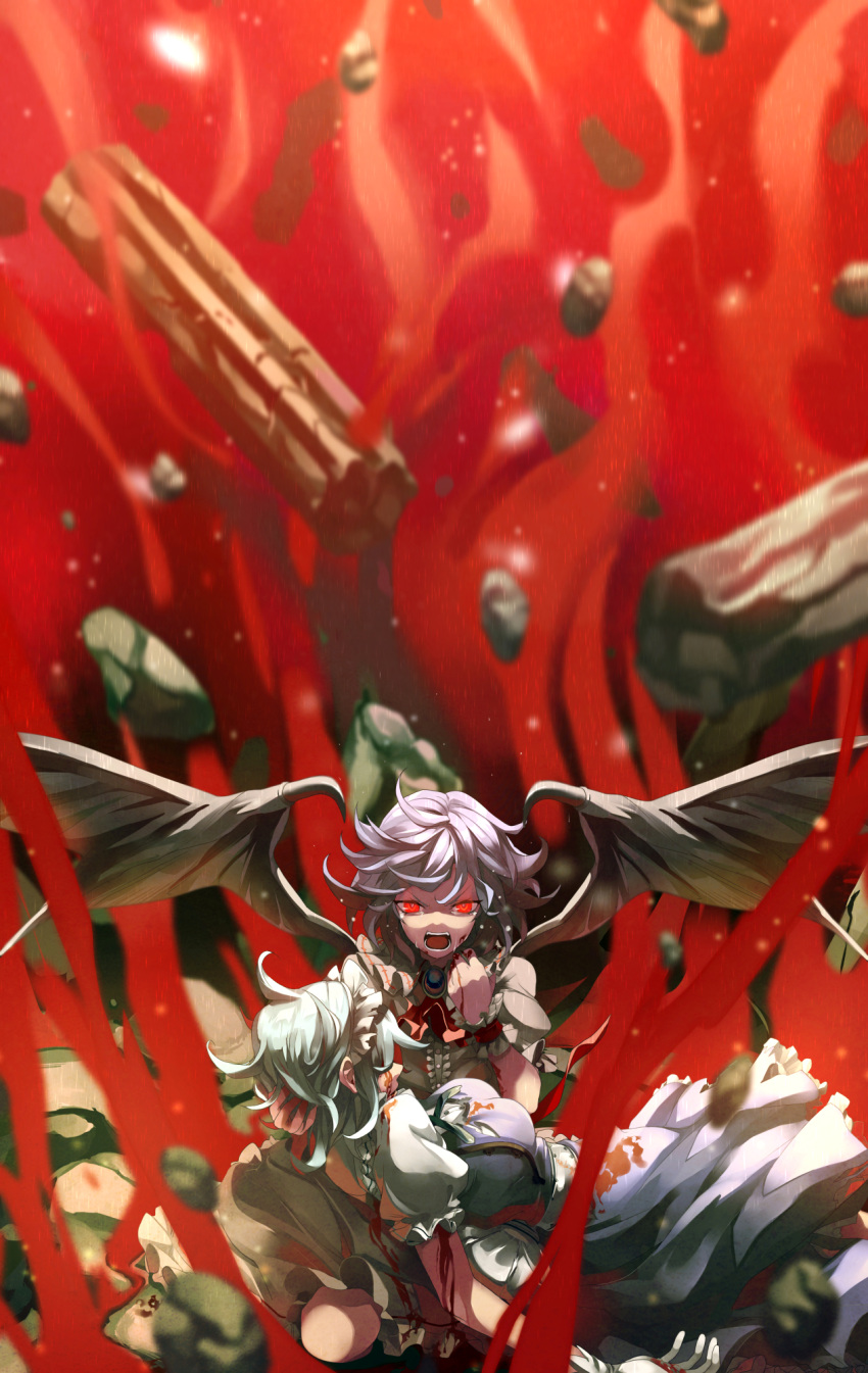 2girls angry ascot bat_wings blood bloody_clothes bloody_hands blue_dress blurry blurry_background breasts brooch commentary_request covered_eyes crying death depth_of_field destruction dress eredhen frilled_dress frills gloves glowing glowing_eyes hand_on_another's_head highres izayoi_sakuya jewelry looking_at_viewer maid maid_headdress multiple_girls pillar purple_hair red_eyes remilia_scarlet rock shirt short_dress short_hair short_sleeves silver_hair skirt sleeveless sleeveless_dress squatting streaming_tears tears touhou white_gloves white_shirt white_skirt wings wrist_cuffs