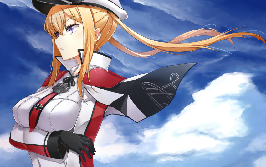 1girl asya blonde_hair blue_eyes breasts capelet gloves graf_zeppelin_(kantai_collection) hat kantai_collection large_breasts long_hair peaked_cap solo twintails