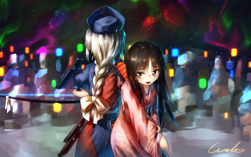 2girls alternate_costume alternate_eye_color aurora back-to-back bangs black_hair blue_dress bow braid brown_eyes dress from_behind hair_bow hat hime_cut houraisan_kaguya japanese_clothes kimono long_hair long_sleeves looking_to_the_side multicolored_dress multiple_girls nurse_cap pink_clothes protecting red_dress science_fiction short_sleeves signature silver_hair single_braid space surrounded touhou u-eruto very_long_hair wide_sleeves worried yagokoro_eirin