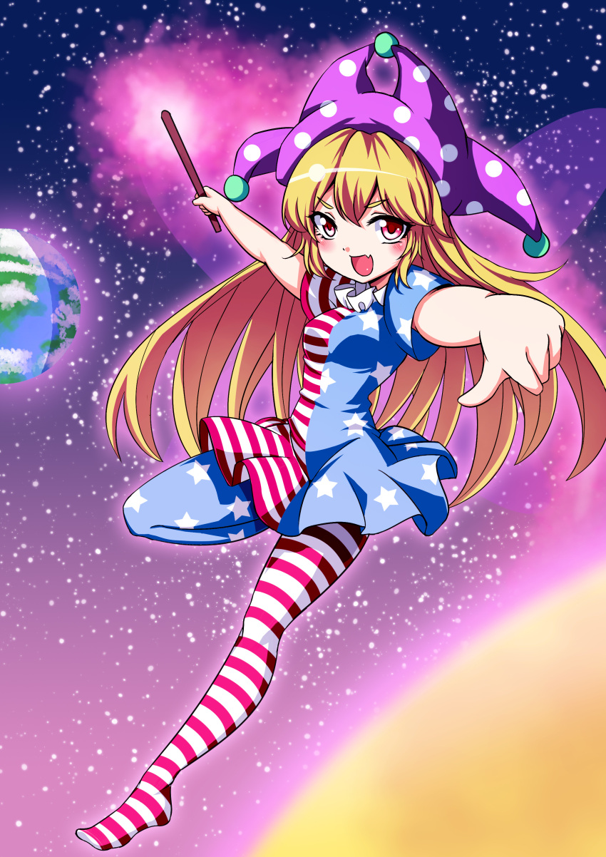 1girl absurdres american_flag_legwear american_flag_shirt bangs blonde_hair blush clownpiece collar earth eyebrows fairy_wings fire foreshortening frilled_collar frills hat highres jester_cap koissa long_hair looking_at_viewer open_mouth pantyhose polka_dot red_eyes shirt short_sleeves solo space torch touhou very_long_hair wings