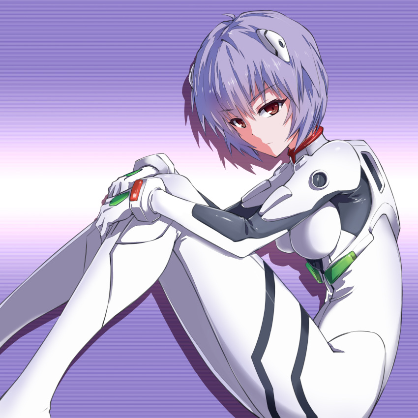 1girl ayanami_rei bangs blue_hair bodysuit bracer closed_mouth eyebrows eyebrows_visible_through_hair fish.boy from_side frown gradient gradient_background hair_between_eyes hair_ornament hands_on_own_knees highres looking_at_viewer neon_genesis_evangelion pilot_suit plugsuit purple_background red_eyes short_hair sitting solo